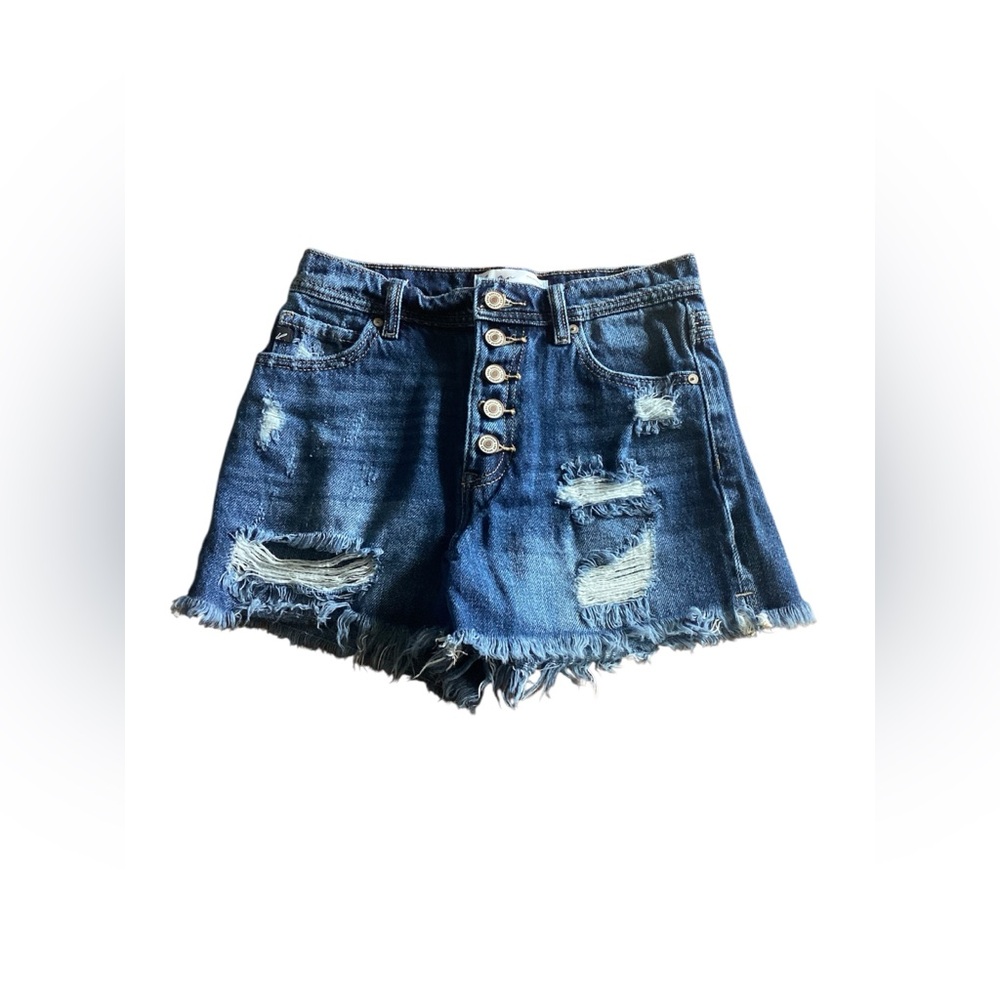 Kancan Maurices High-Waist Distressed Denim Shorts - Dark Blue Size 24